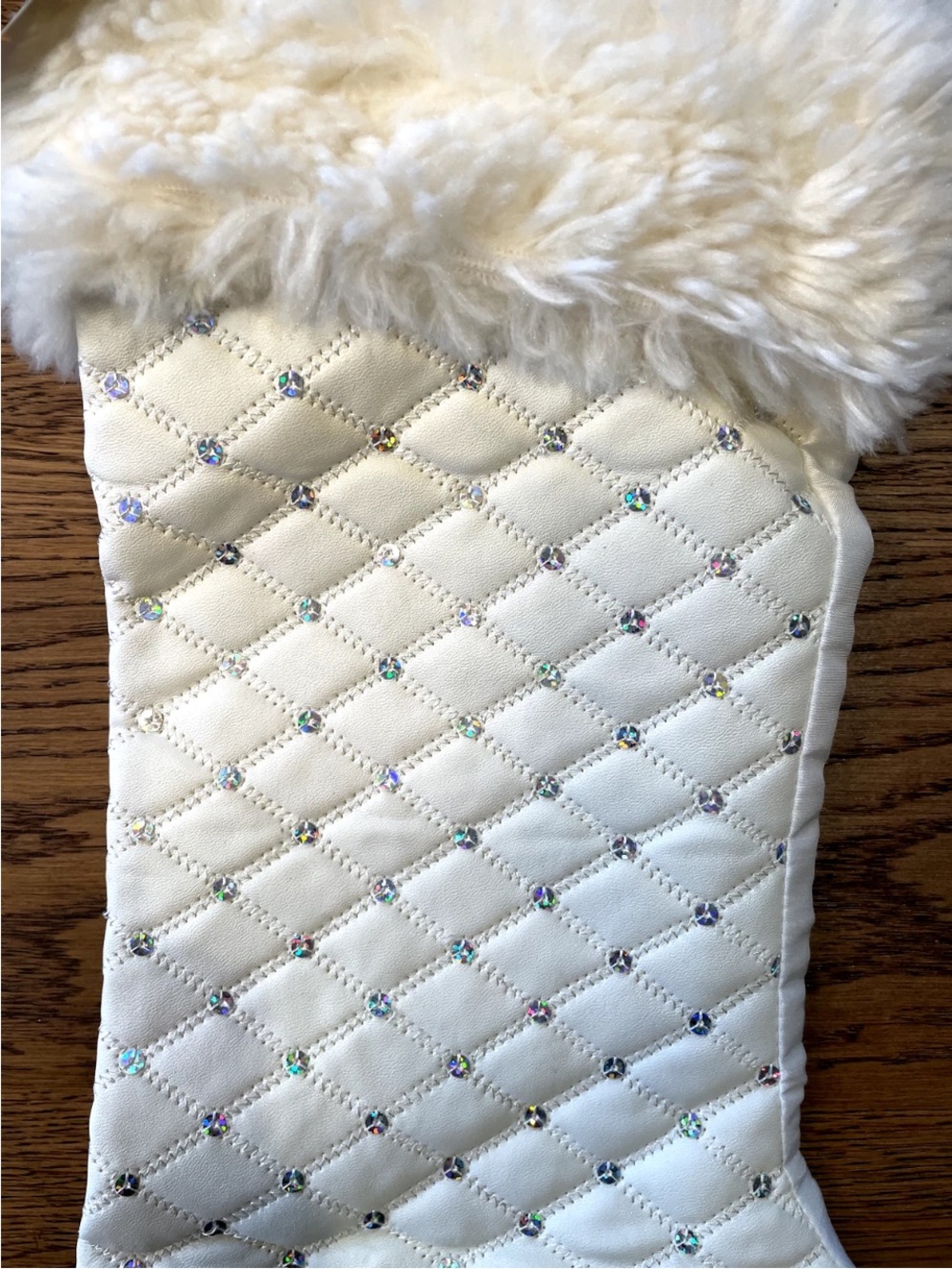 Bella Luxx Ivory Quilted Fur-Trim Christmas’s Stocking Crystal Holiday Christma